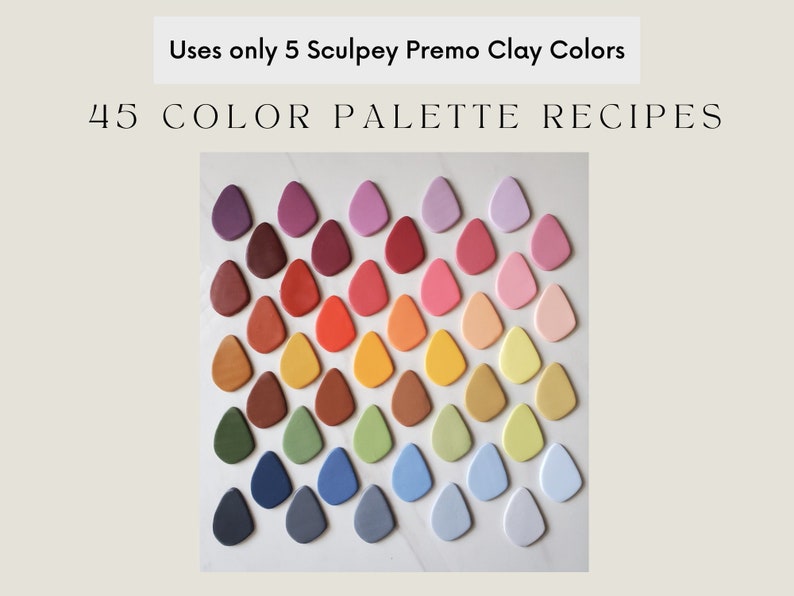 May include: A colour palette of 45 different shades of polymer clay, created using only 5 base colours. The colours are arranged in a rainbow pattern, with each shade slightly different from the one next to it. The image includes the text "Uses only 5 Sculpey Premo Clay Colors" and "45 COLOR PALETTE RECIPES".