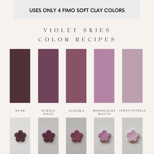 May include: Five color swatches of purple polymer clay, labeled Dusk, Purple Haze, Aurora, Moonlight Mauve, and Perrytwinkle. Below the swatches are five small flower-shaped polymer clay pieces in the same colors.