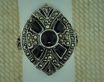 1980's Marcasite and Onyx Sterling Silver Ring