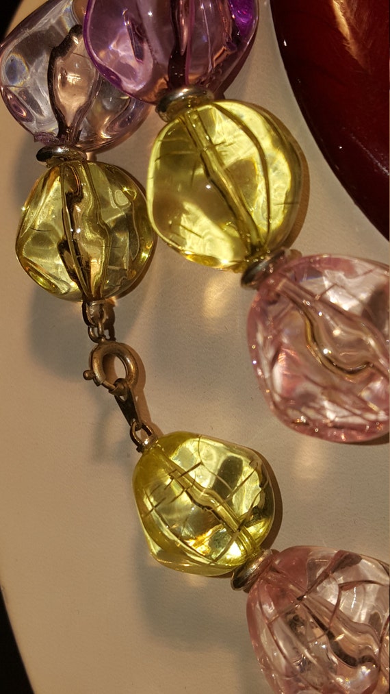 Vintage 1970's Pink and Yellow Faux Crystal Neckl… - image 3