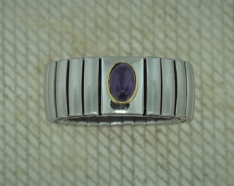 Stainless Steel with Amethyst Cabochon In Gold Tone Bezel Stretch Ring