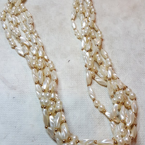 1990's 6 Strand Faux Round & Elongated Pearl Torsade Necklace