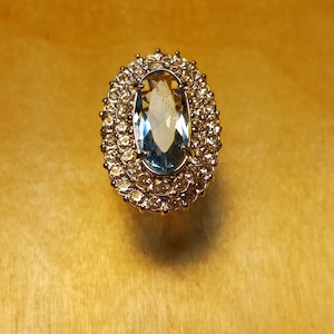 1980&#39;s Vintage Faux Aquamarine & CZ Statement  Princess Ring