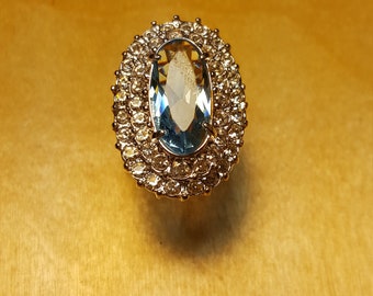 1980's Vintage Faux Aquamarine & CZ Statement  Princess Ring