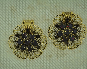 Vintage 1960's Gold Tone and Faux Garnet Floral Clip On Earrings