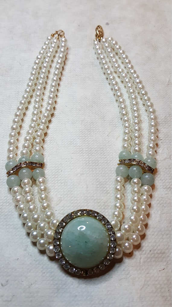 1980's Faux Pearl, Jade and Crystal Necklace