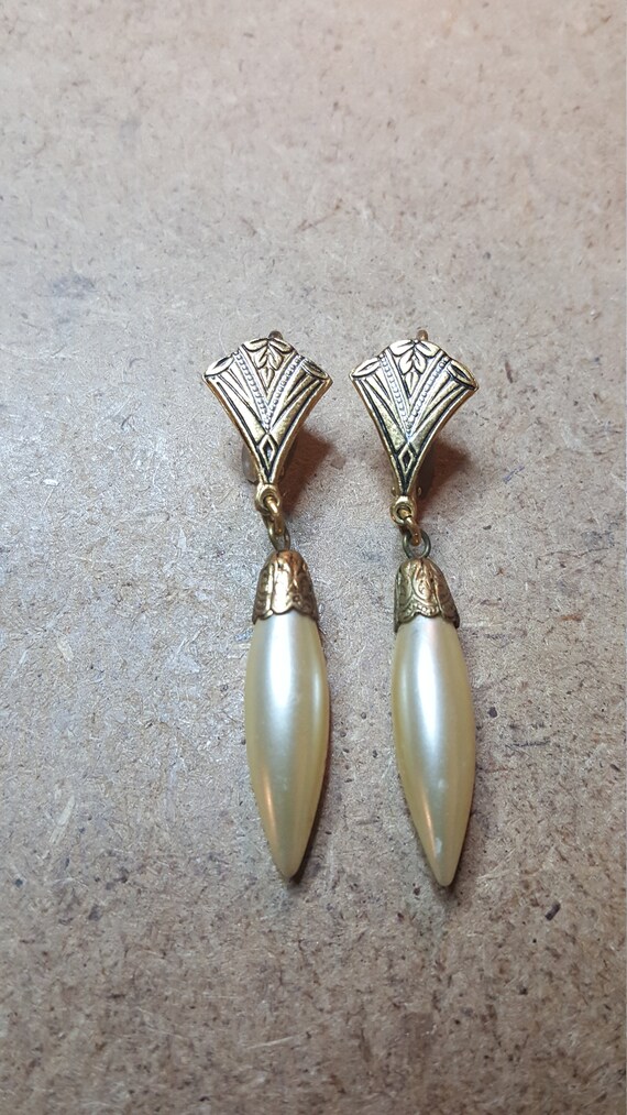 Vintage Damascene Faux Pearl Drop Earrings