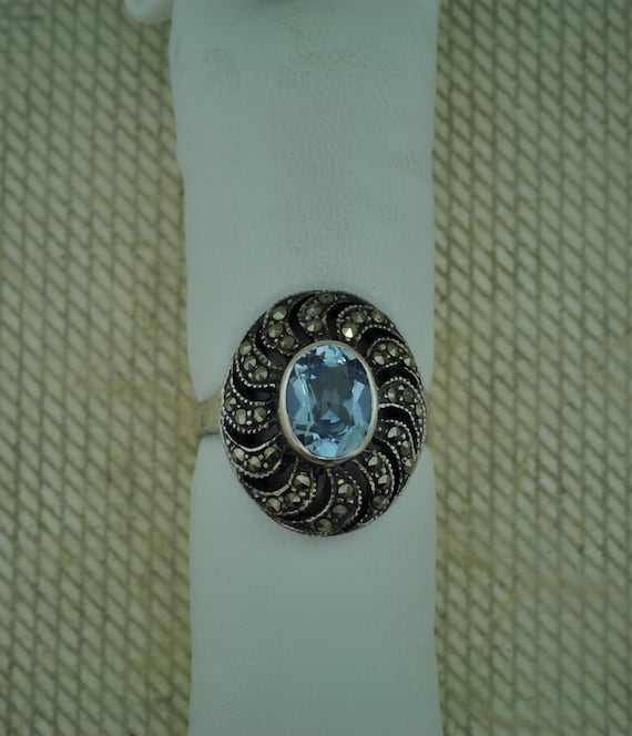 1980's Blue Topaz Sterling Silver Marcasite Ring