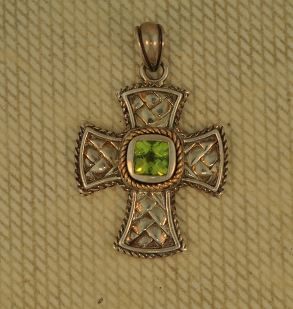 Sterling Silver, 14kt Gold and Peridot Cross