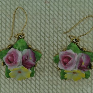 1960&#39;s Pierced Porcelain Floral Drop Earrings