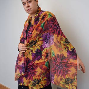 Sunflowers & Dahlias on Golden Orange Silk Chiffon Scarf, Shawl, Sheer Wrap, Art Scarf, Wearable Art