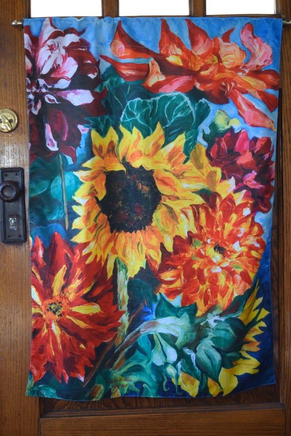 Garden Flag Large Size Sunflower With Dahlias On Blue Image 0