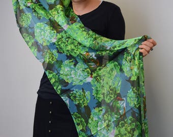 Green Hydrangeas Silk Scarf, Chiffon Scarf, Art Scarf, Wearable Art, Shawl, Sheer Wrap