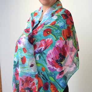 Poppy Fantasy 100% Silk Scarf, Chiffon Scarf, Shawl, Sheer Wrap, Wearable Art, Art Scarf
