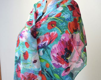 Poppy Fantasy 100% Silk Scarf, Chiffon Scarf, Shawl, Sheer Wrap, Wearable Art, Art Scarf