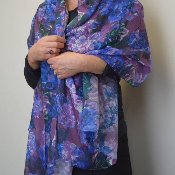 Purple & Blue Hydrangeas, Silk Scarf, Chiffon Scarf, Art Scarf, Shawl, Sheer Wrap