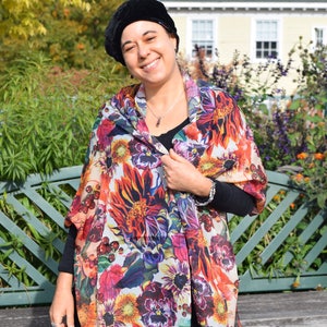 New Updated Design! Sunflowers, Leaves & Berries 100% Silk Chiffon Scarf, Shawl, Sheer Wrap