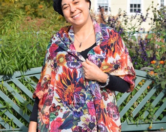 New Updated Design! Sunflowers, Leaves & Berries 100% Silk Chiffon Scarf, Shawl, Sheer Wrap