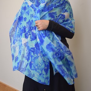 New Wider Size! Blue Poppies & Irises, 100% Silk Scarf, Chiffon Scarf, Art Scarf, Shawl, Sheer Wrap, Wearable Art