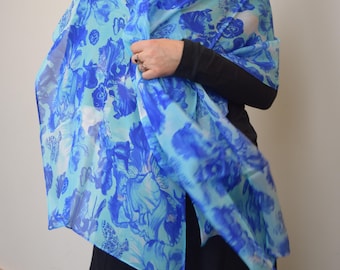 New Wider Size! Blue Poppies & Irises, 100% Silk Scarf, Chiffon Scarf, Art Scarf, Shawl, Sheer Wrap, Wearable Art