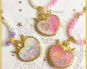 Angelic Flying Gold Crown Heart Frame Necklace - Valentine Collection - Sweet Lolita/Harajuku Fashion