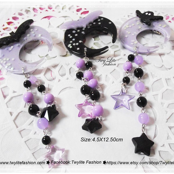 Barrettes pendantes Kawaii lune et chauve-souris, aile, fantôme - Sweet Lolita/Harajuku/Fairykei/Gothic Lolita/Pastel Goth