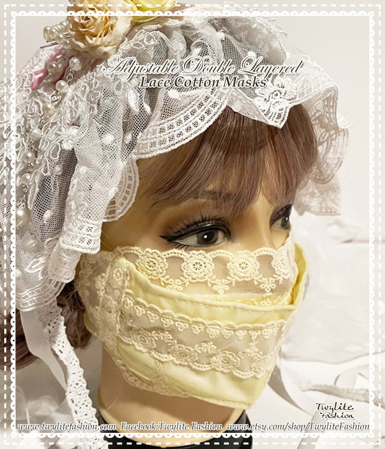 May include: A yellow cotton face mask with two layers of delicate white lace. The mask is adjustable and has a white ribbon tie. The text "Ajustable Double Layered Lace Cotton Masks" is written above the mask. The text "Twylite Fashion" is written below the mask. The text "www.twylitefashion.com Facebook:Twylite Fashion www.etsy.com/shop/TwyliteFashion" is written below the text "Twylite Fashion".