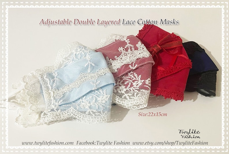 May include: Three double-layered cotton face masks with lace trim. The masks are in blue, red, and black. The masks are 22 inches by 15 inches.