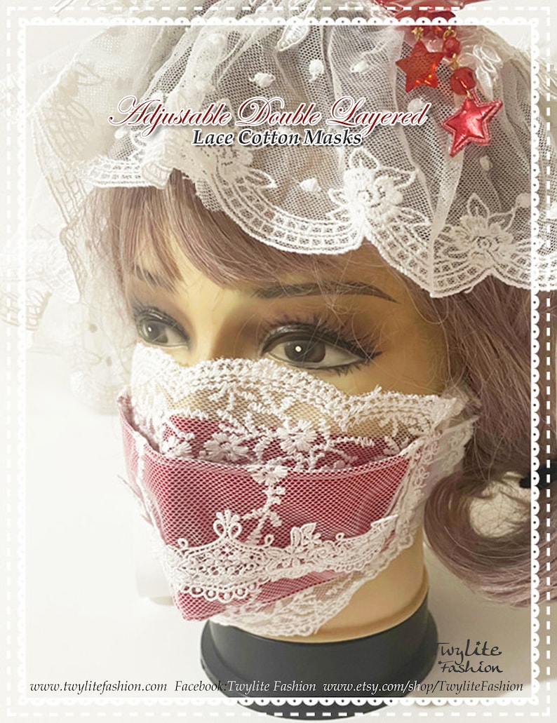 May include: A white lace face mask with a red cotton lining. The mask is double layered and adjustable. The text "Adjustable Double Layered Lace Cotton Masks" is visible in the image.