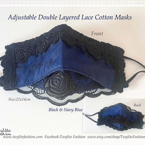 May include: Black and navy blue double layered cotton face mask with black lace trim. The mask is adjustable and measures 22 inches by 14 inches. "Front" and "Back" are labeled on the image.
