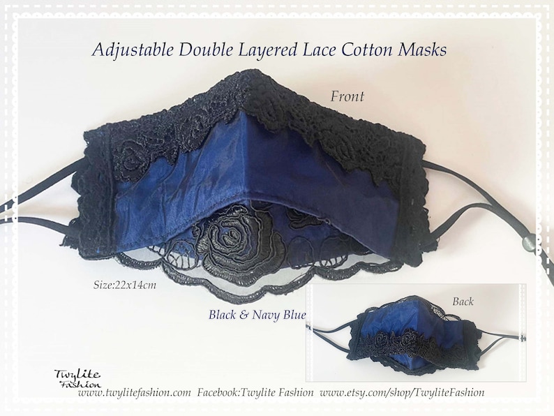 May include: Black and navy blue double layered cotton face mask with black lace trim. The mask is adjustable and measures 22 inches by 14 inches. "Front" and "Back" are labeled on the image.