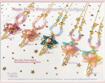 Magic Starry Winged Heart Key Necklace - Sweet Lolita/Kawaii/Fairykei/Harajuku Fashion