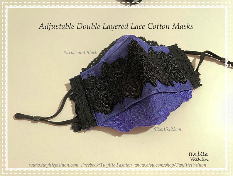 May include: Purple and black double layered lace cotton face mask with adjustable straps. Size: 15x22 inches.