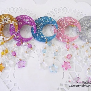 Glittering Moon & Star Dangle Hair clips  - Sweet Lolita/Harajuku/Fairykei/Decora Style