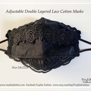 May include: Black double-layered cotton face mask with adjustable straps and lace trim. The mask measures 14 inches by 22 inches.  Twylite Fashion.