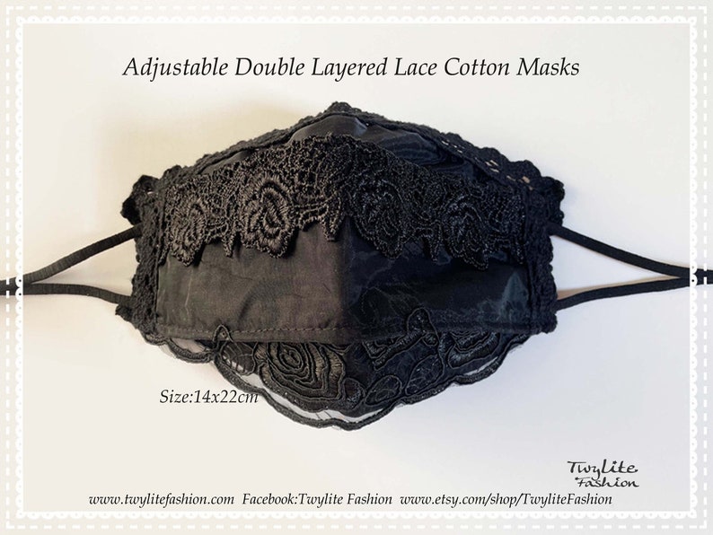 May include: Black double-layered cotton face mask with adjustable straps and lace trim. The mask measures 14 inches by 22 inches.  Twylite Fashion.