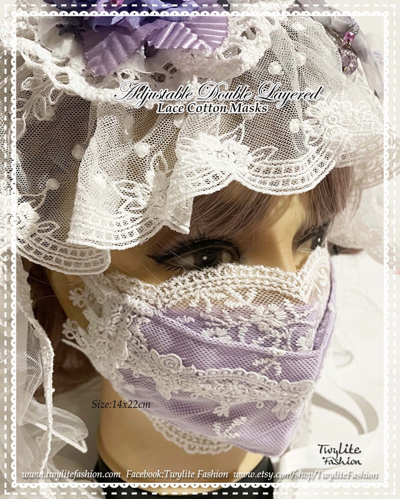 May include: A double-layered lavender lace face mask with white lace trim. The mask is adjustable and measures 14 inches by 22 inches. "Adjustable Double Layered Lace Cotton Masks" and "Size: 14x22cm" are printed on the mask.