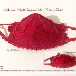 May include: Red double-layered cotton face mask with lace trim and red ribbon accents. The mask is 15 inches by 22 inches and has adjustable ear loops. You can add bows to the mask.