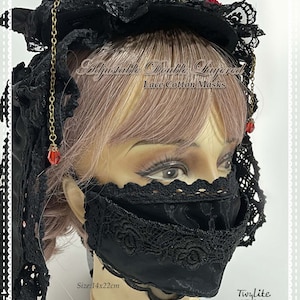 May include: Black lace cotton face mask with adjustable straps. The mask is double layered and measures 14 inches by 22 inches.  The text "Adjustable Double Layered Lace Cotton Masks" and "Size: 14x22cm" is printed on the image.