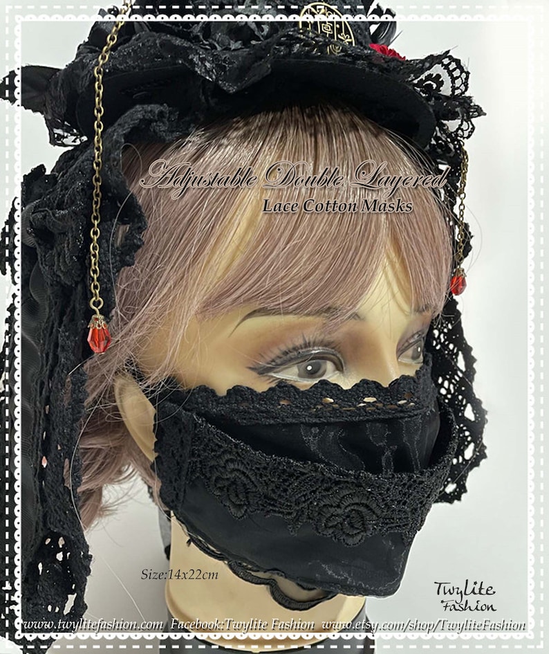 May include: Black lace cotton face mask with adjustable straps. The mask is double layered and measures 14 inches by 22 inches.  The text "Adjustable Double Layered Lace Cotton Masks" and "Size: 14x22cm" is printed on the image.