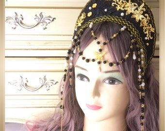 Beaded Floral Tudor French Hood - Classic Lolita/Renaissance Style
