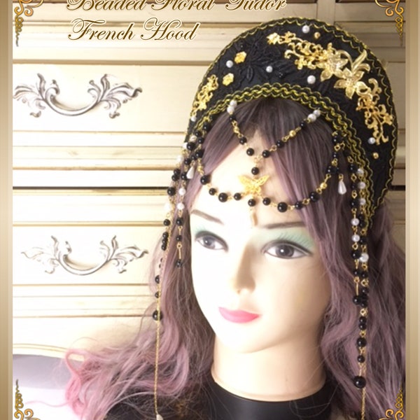 Beaded Floral Tudor French Hood - Classic Lolita/Renaissance Style