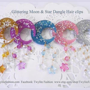 Glittering Moon & Star Dangle Hair clips  - Sweet Lolita/Harajuku/Fairykei/Decora Style
