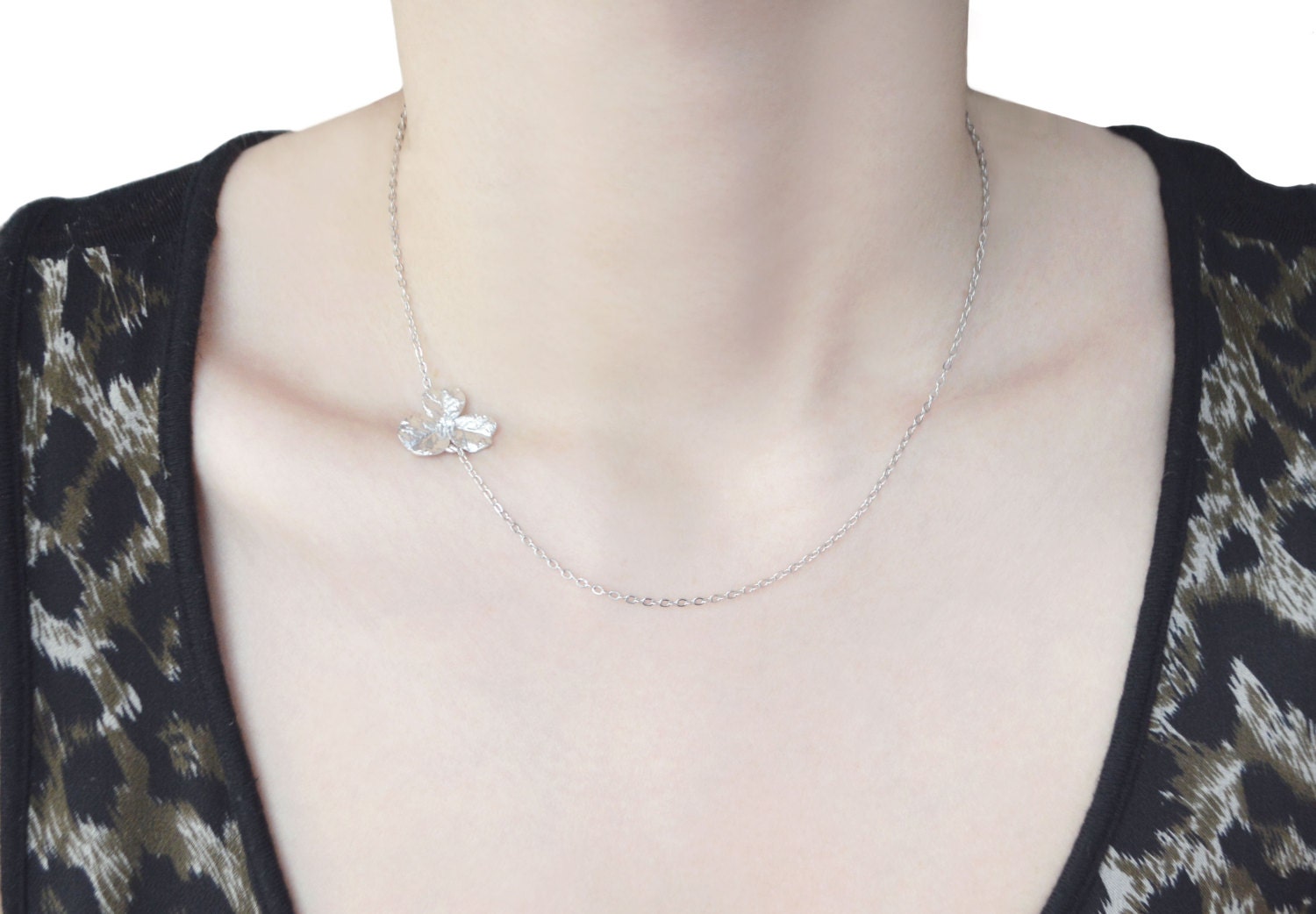 Sideways White Gold Zirconia Flower Necklace, Sterling Silver A-073 - Etsy