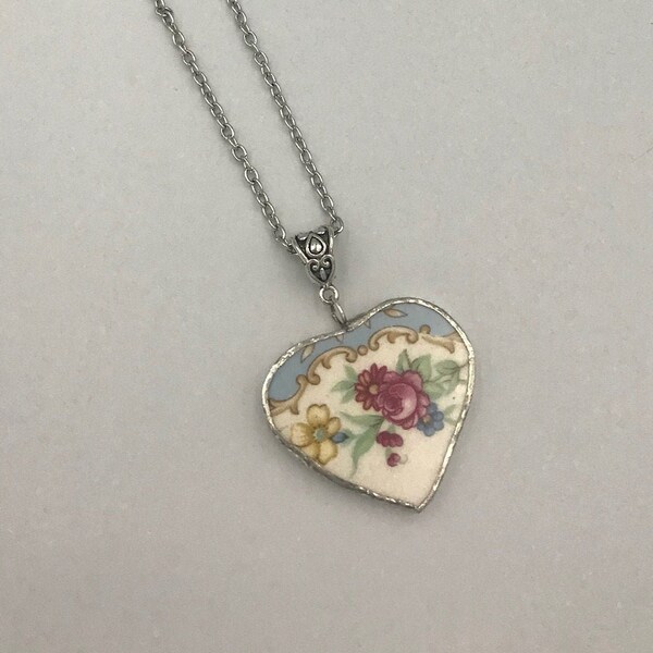 Vintage Broken China Jewelry, Rose Pendant,