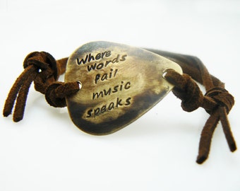 Where words fail, music speaks, Guitar Pick Bracelet, Hand Stamped, Plectrum , Friend Gift, Fathers Day, Personalized