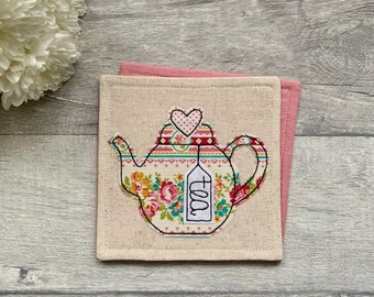 Teapot coaster, teapot for one, tea lovers gift, teapot gift, fabric coaster, birthday gift for her, floral coaster, small gift ideas