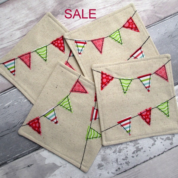 SALE - Bunting Coasters - Set of 4 Drinks Coasters - Fabric Coasters - Linen Coasters - Summer Coasters - Embroidered Coasters