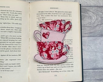 Tea cup bookmark, tea and books, reading gifts for book lovers, book gift for her, gift for friends, unique bookmark, fabric bookmark