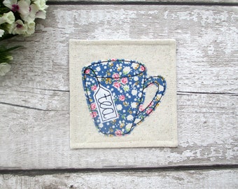 Blue tea coaster, tea mug gift, fabric coasters, tea gifts for her, afternoon tea for one, small gifts for friends